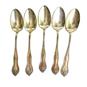 Antique Silver Plate Tablespoons 5 Monogramed Scroll Motif Unmarked Gilded Age